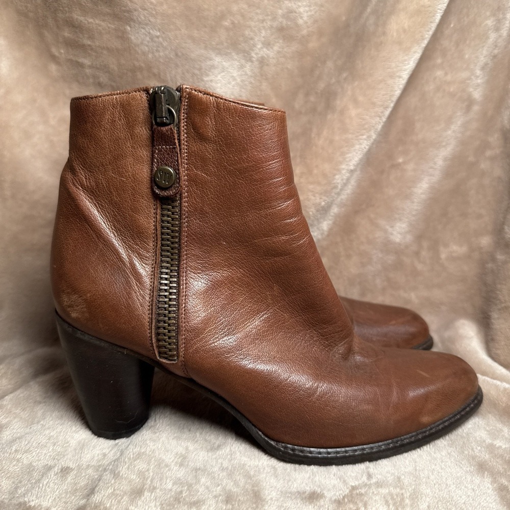 Stuart Weitzman Ankle Boots Women 6M Brown Leather Block Heel Classic Designer